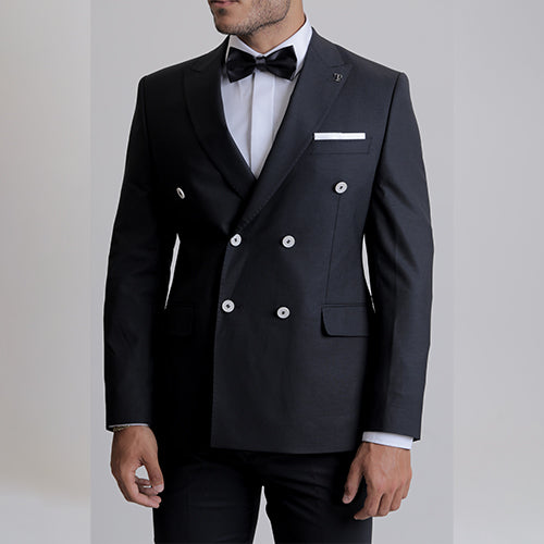Double breasted dark blue suit with white buttons