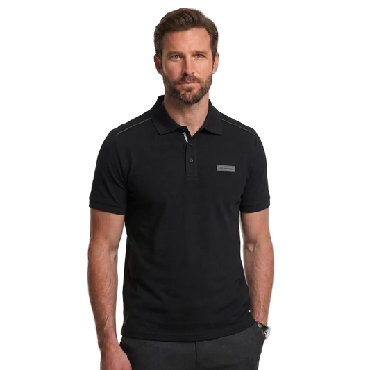 Karl Lagerfeld men's black regular fit zip polo shirt with black collar, half-zip closure, and contrast embroidered chest logo.
