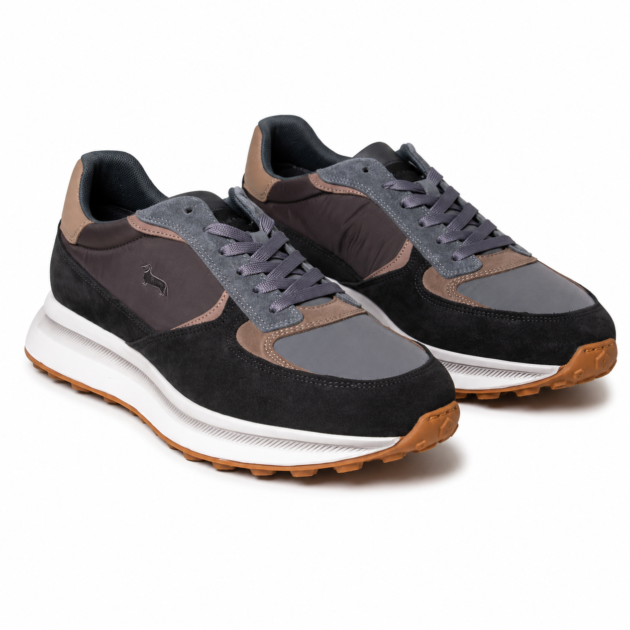 Harmont & Blaine men's multicolor sneakers with suede-look overlays, lightweight textile upper, lace-up closure, cushioned white sole, and signature dachshund logo.