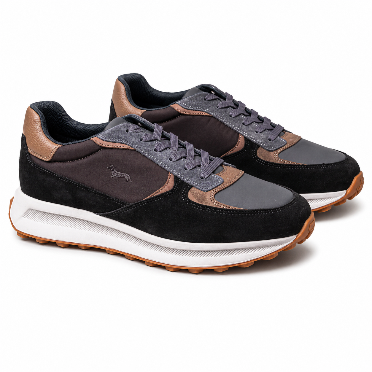 Harmont & Blaine men's multicolor sneakers with suede-look overlays, lightweight textile upper, lace-up closure, cushioned white sole, and signature dachshund logo.