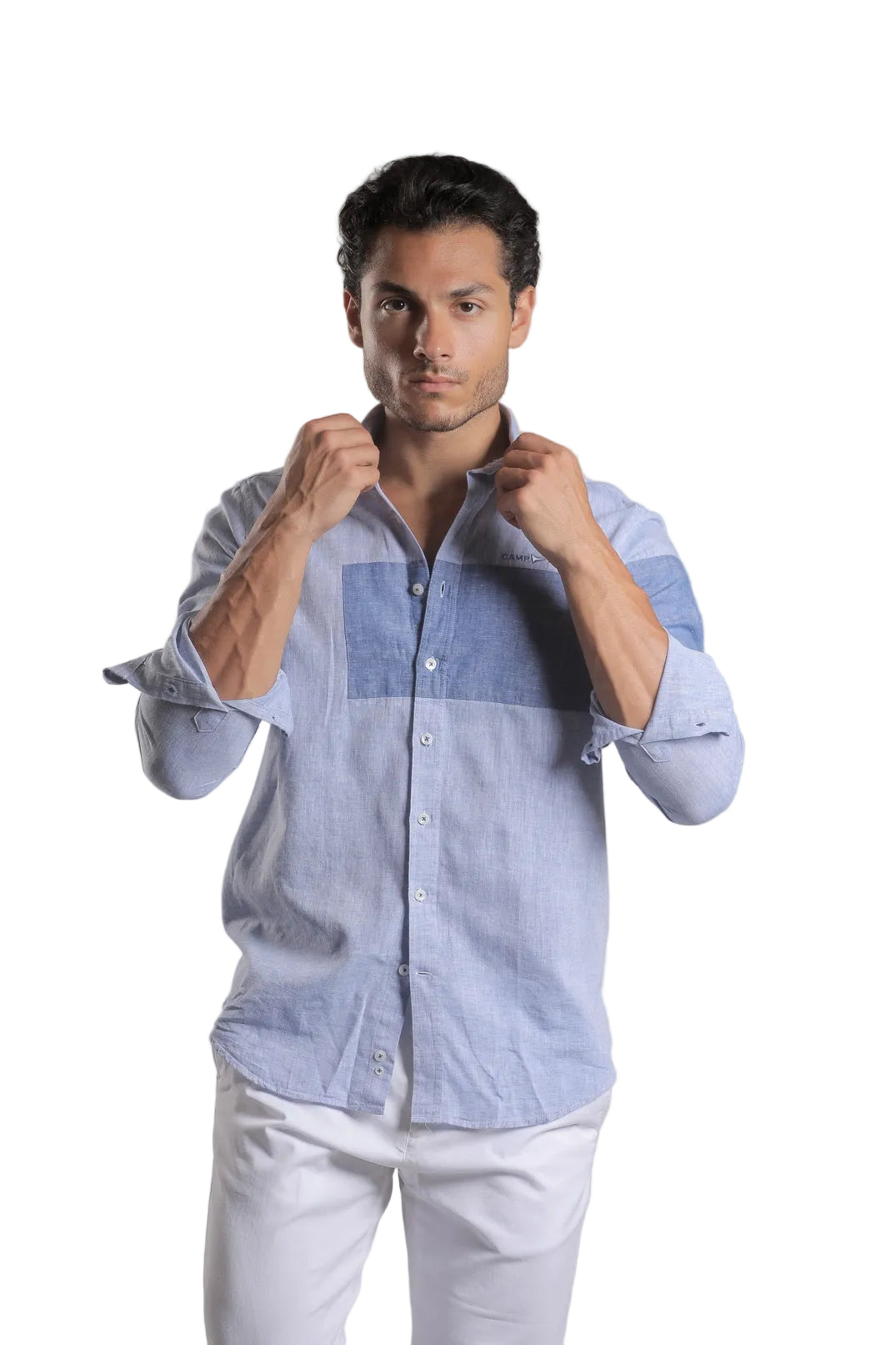 Man wearing Campione blue color-block shirt with contrast chest and sleeve panels, Kayagan online