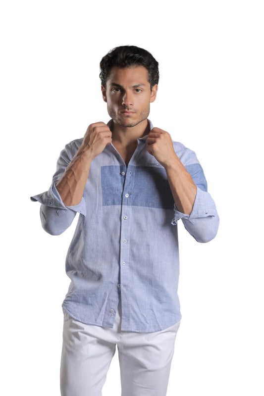 Man wearing Campione blue color-block shirt with contrast chest and sleeve panels, Kayagan online
