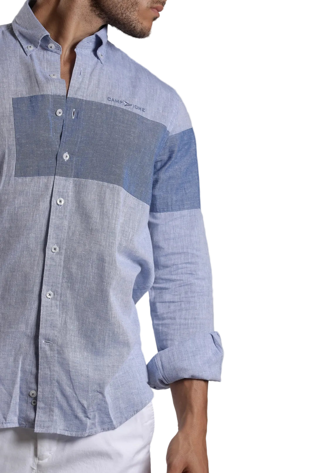 Man wearing Campione blue color-block shirt with contrast chest and sleeve panels, Kayagan Lebanon