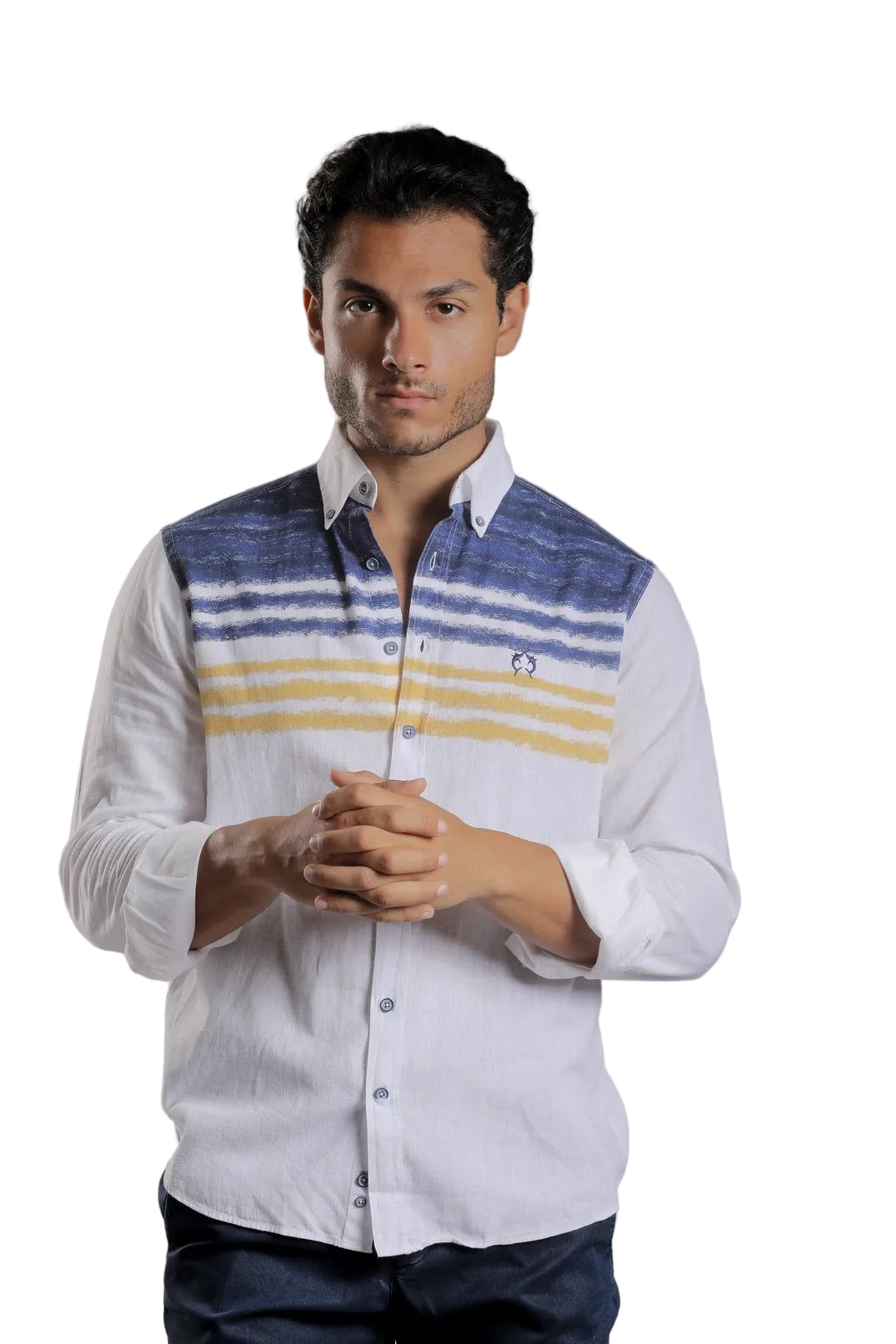 Man wearing a striped Campione linen white shirt, with an embroidered Campione logo, Kayagan