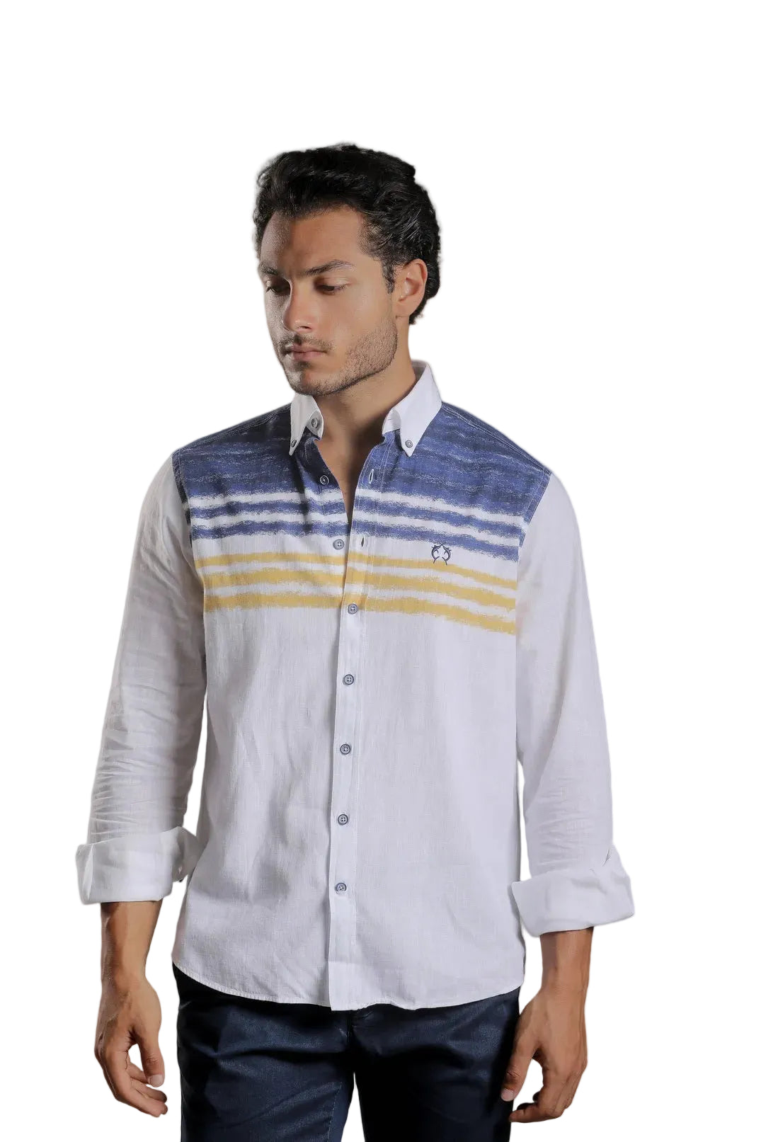 Man wearing a striped Campione linen white shirt, with an embroidered Campione logo, Kayagan