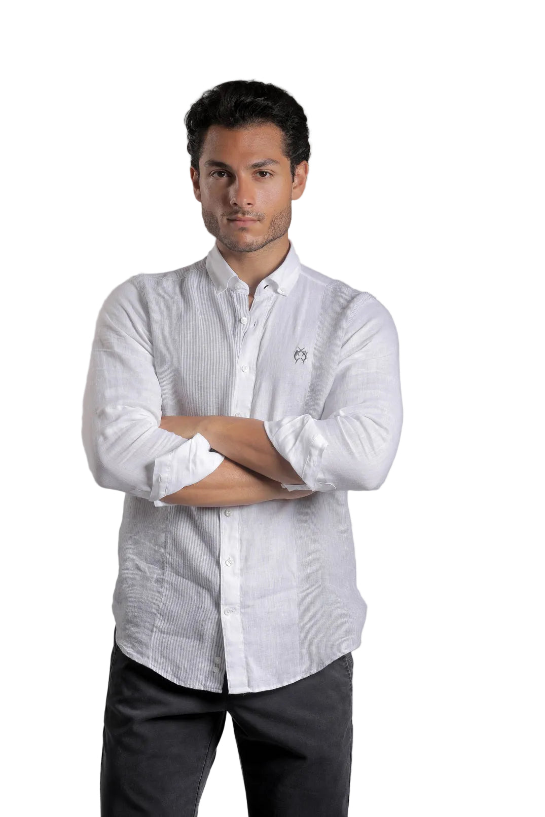 White long-sleeve linen button-down shirt with a small Campione embroidered logo on the chest, Kayagan