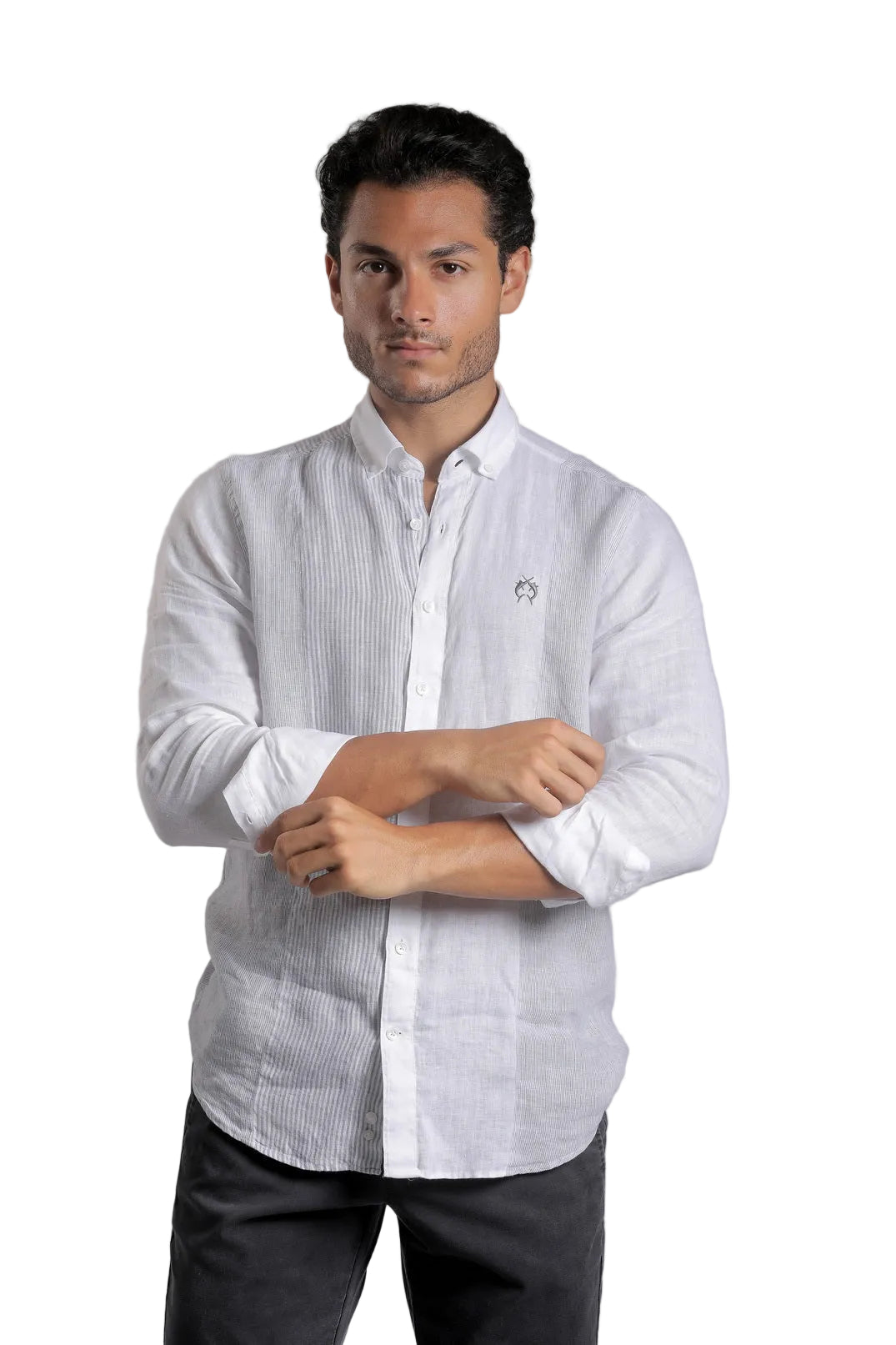 White long-sleeve linen button-down shirt with a small Campione embroidered logo on the chest, Kayagan
