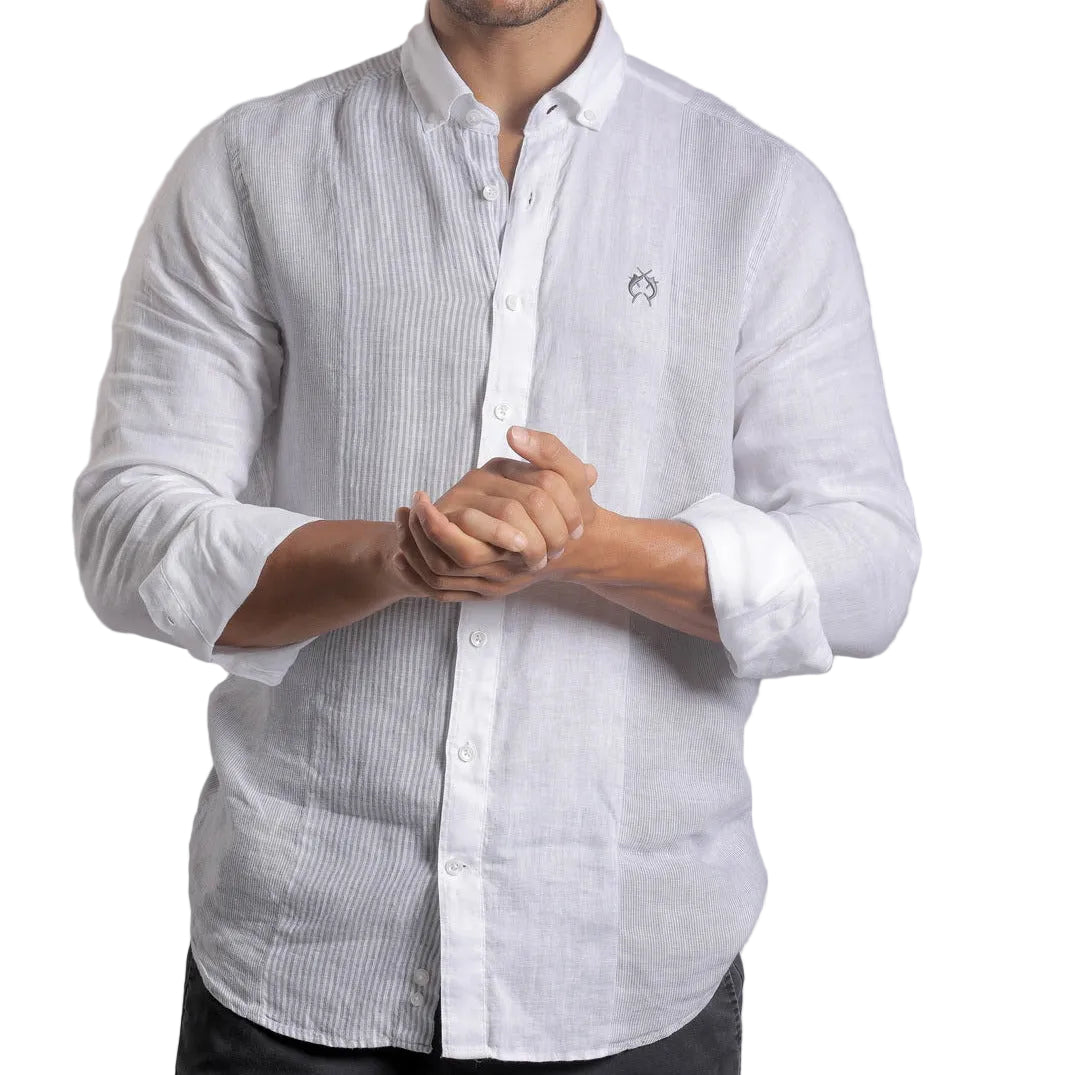 White long-sleeve linen button-down shirt with a small Campione embroidered logo on the chest, Kayagan
