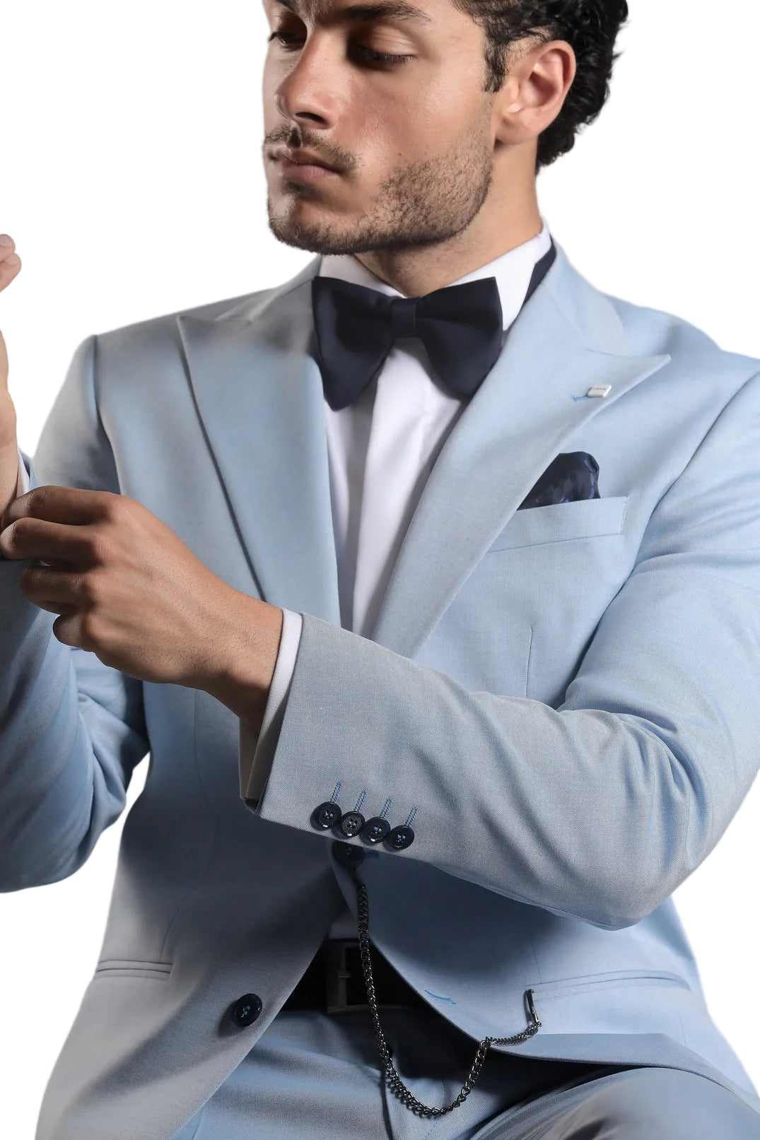 Digel light blue men's 3-in-1 suit set featuring a tailored blazer, matching trousers, and formal shoes for weddings, business, and formal occasions.