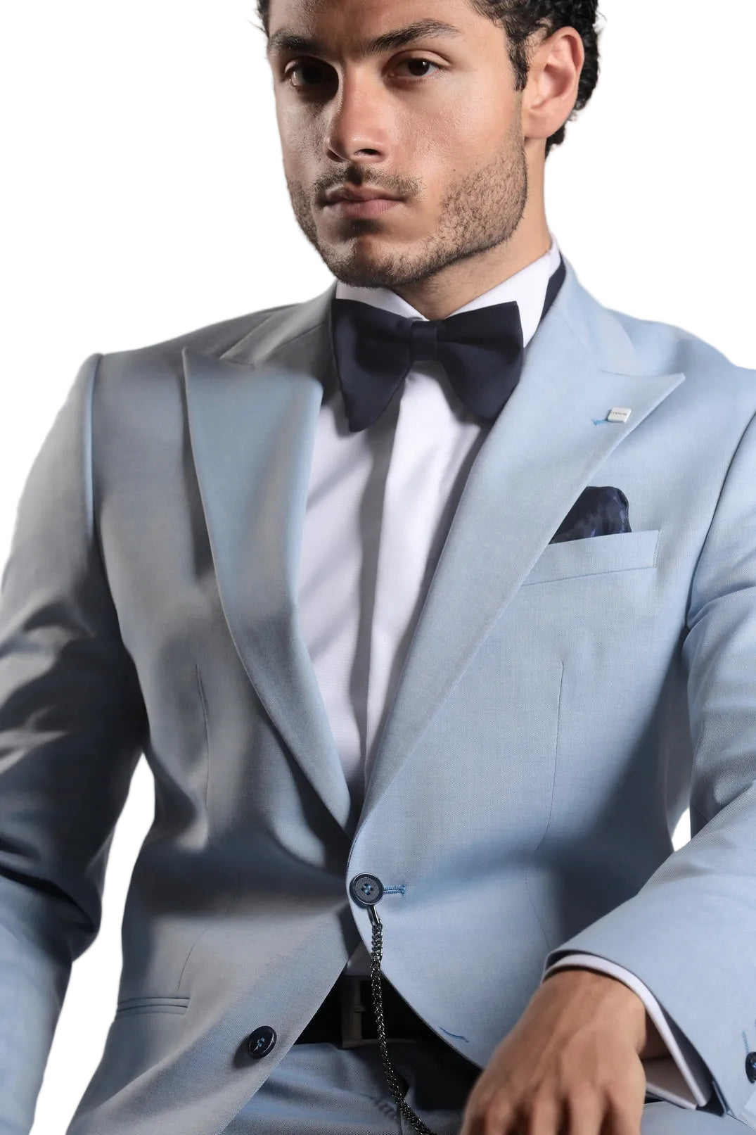 Digel light blue men's 3-in-1 suit set featuring a tailored blazer, matching trousers, and formal shoes for weddings, business, and formal occasions.