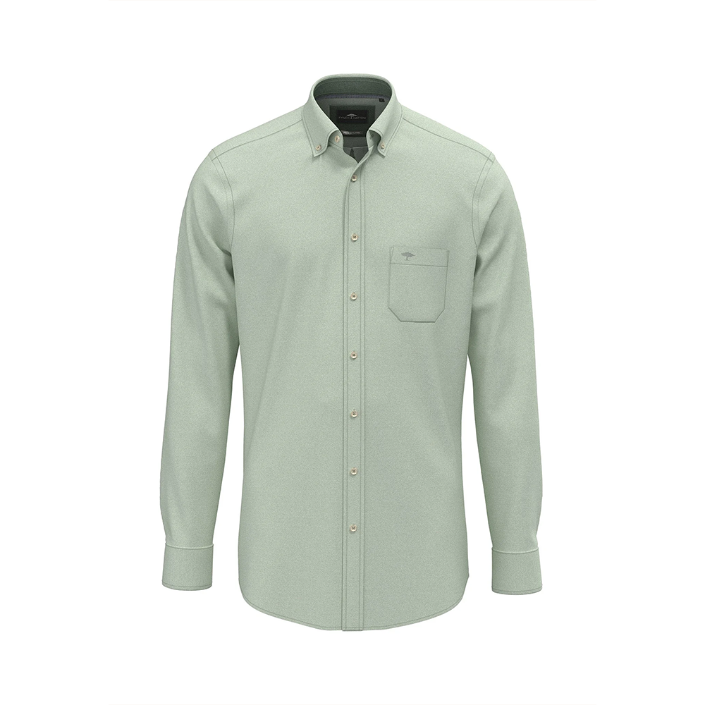 Fynch Hatton sage green cotton shirt with chest pocket and button-down collar, front view studio photo, available at Kayagan