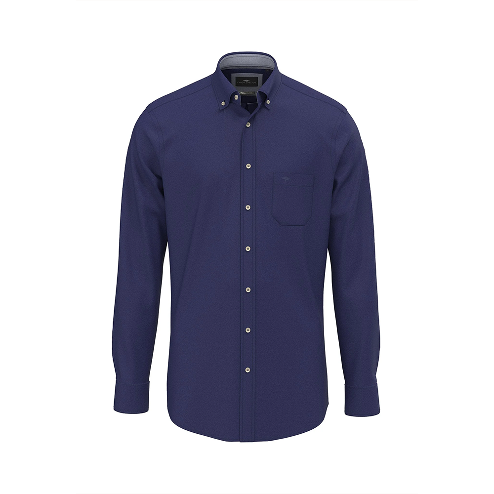 Fynch Hatton navy blue cotton shirt with chest pocket and button-down collar, front view studio photo, available at Kayagan