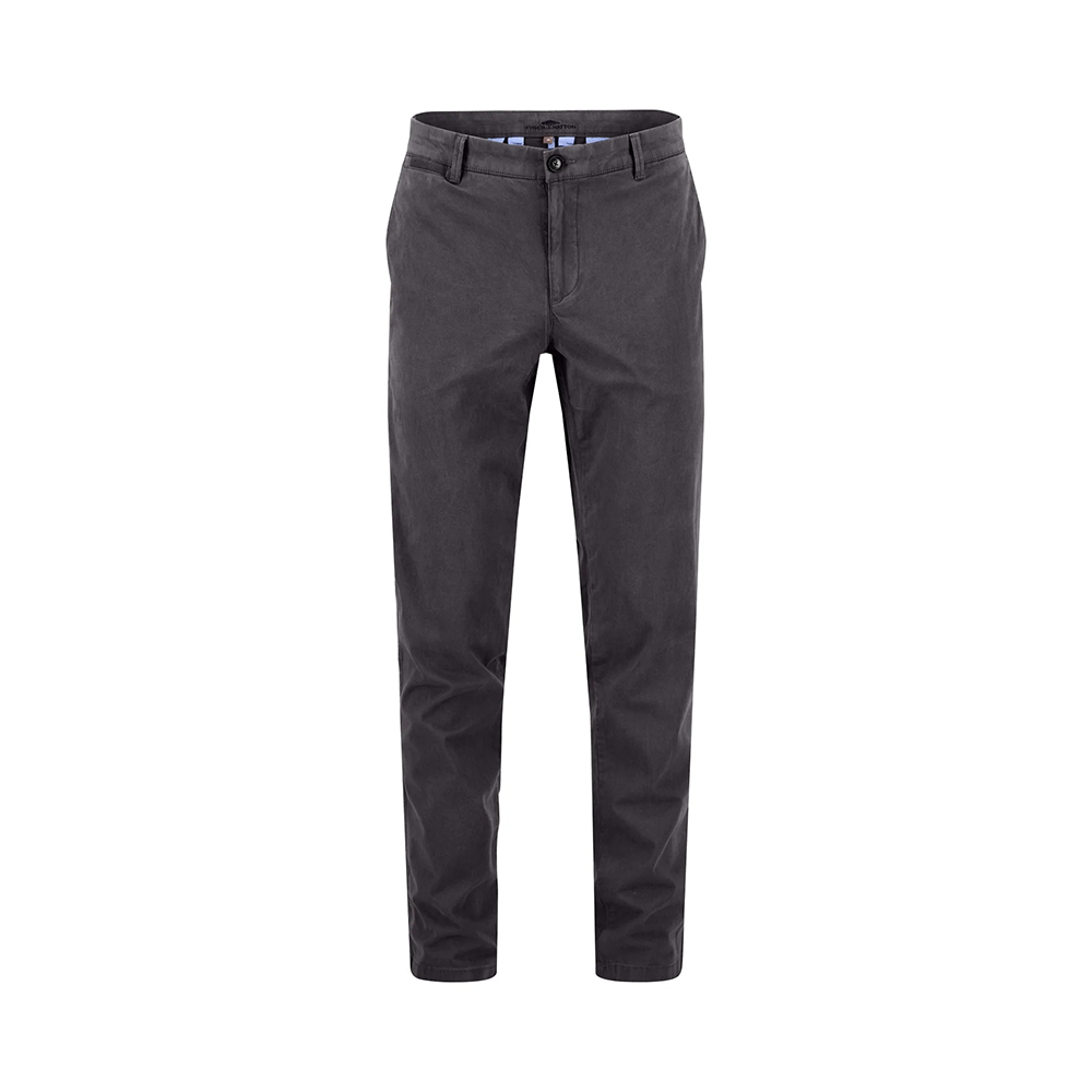 Fynch Hatton dark grey cotton stretch chino trousers, straight leg, front view studio photo, available at Kayagan