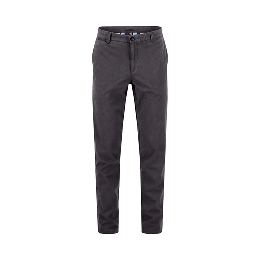 Fynch Hatton dark grey cotton stretch chino trousers, straight leg, front view studio photo, available at Kayagan