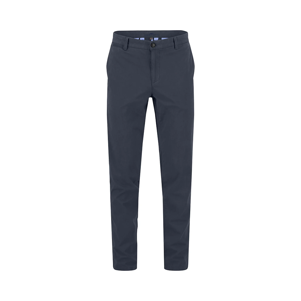 Fynch Hatton dark navy cotton stretch chino trousers, straight leg, back view studio photo, available at Kayagan