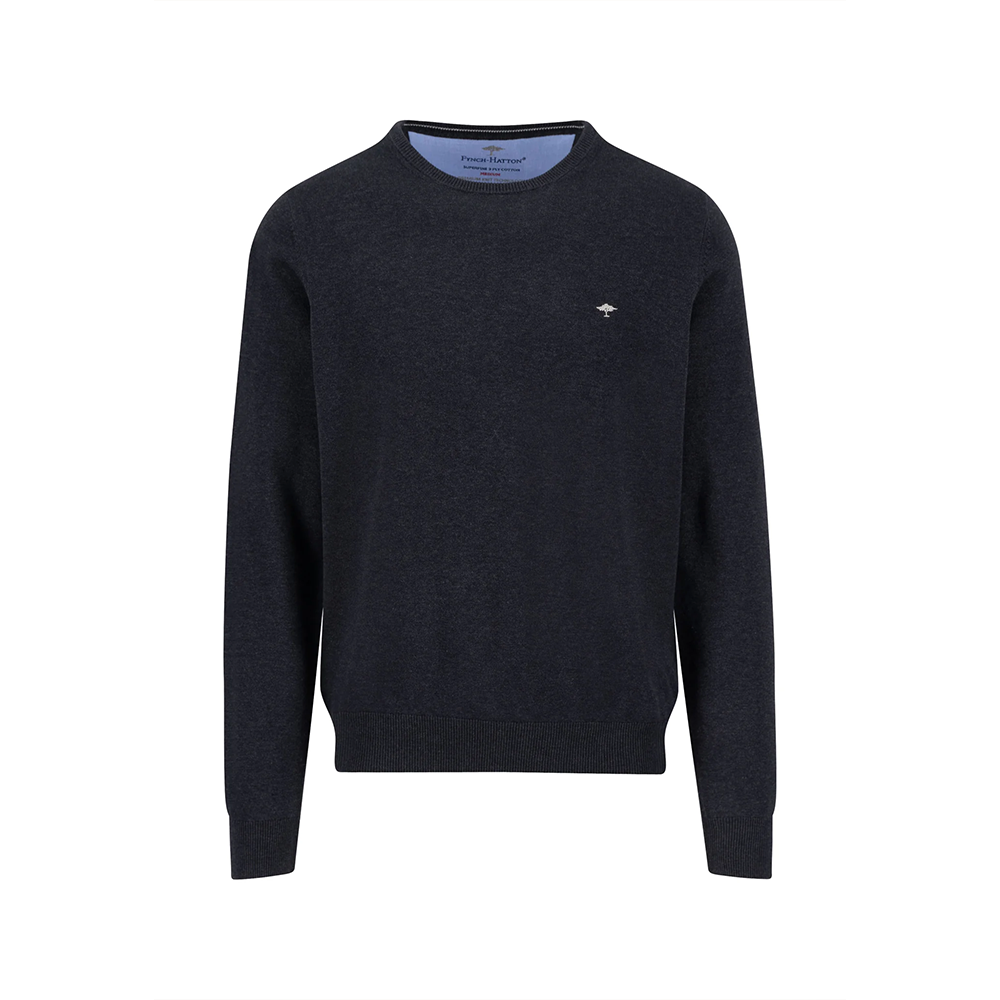 A charcoal Fynch Hatton fine knit sweater with round neck, styled with beige chinos, front view studio photo, available at Kayagan