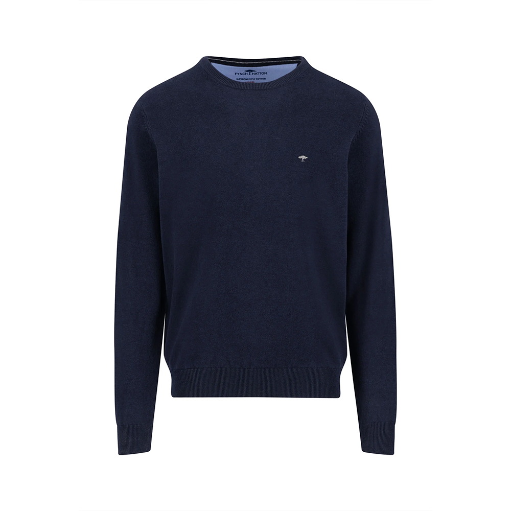 A navy Fynch Hatton fine knit sweater with round neck, front view studio photo, available at Kayagan