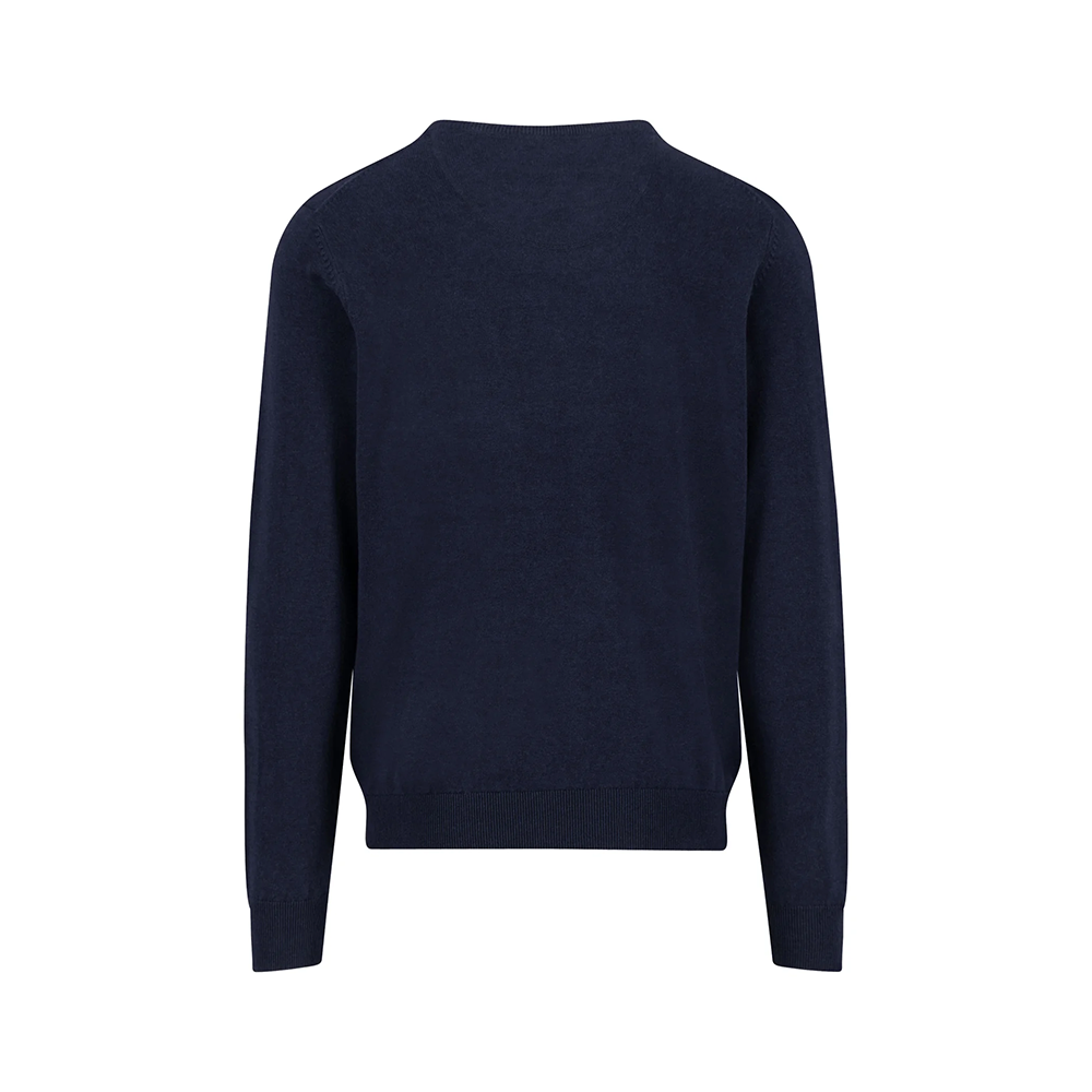 A navy Fynch Hatton fine knit sweater with round neck, back view studio photo, available at Kayagan