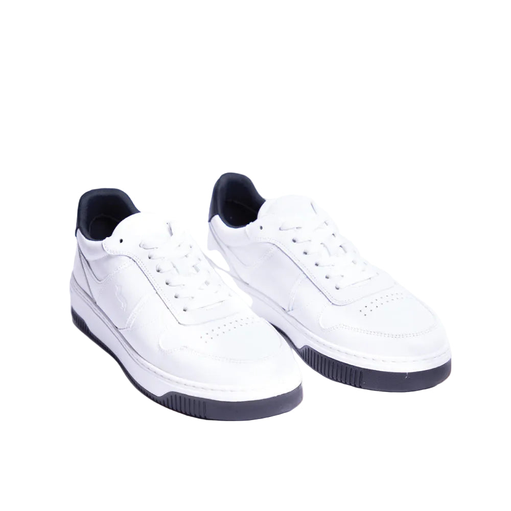Harmont & Blaine men's white leather sneakers with navy heel detail, embroidered dachshund logo, lace-up closure, and durable rubber sole.