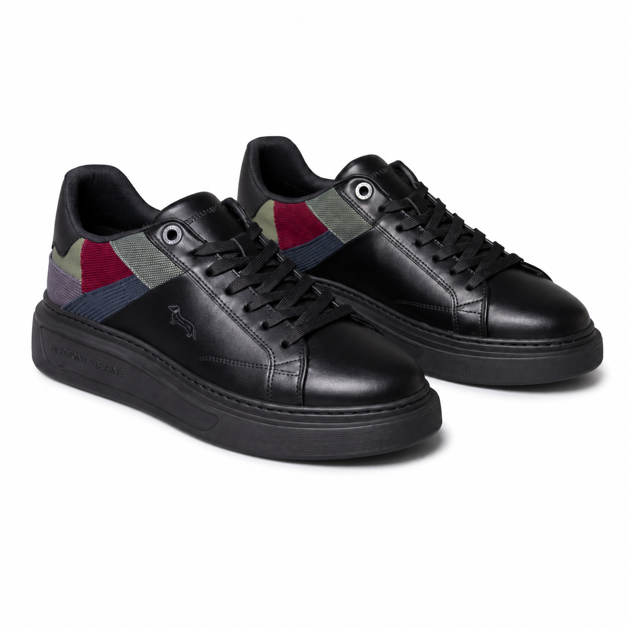 Harmont & Blaine men's black sneakers with multicolor textured heel panels, embroidered dachshund logo, lace-up closure, and cushioned rubber sole.