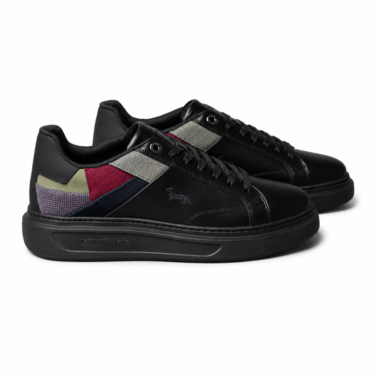 Harmont & Blaine men's black sneakers with multicolor textured heel panels, embroidered dachshund logo, lace-up closure, and cushioned rubber sole.