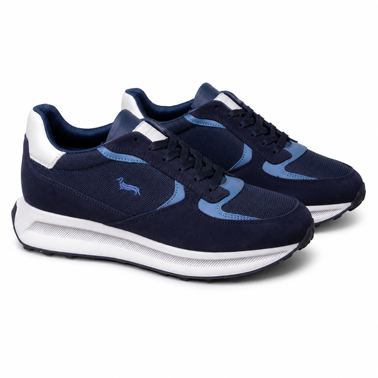 Harmont & Blaine men's dark blue sneakers with suede-look overlays, lightweight textile upper, lace-up closure, cushioned white sole, and signature dachshund logo.