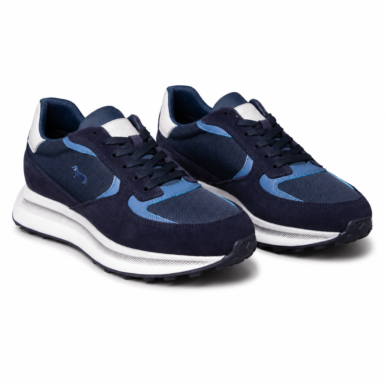 Harmont & Blaine men's dark blue sneakers with suede-look overlays, lightweight textile upper, lace-up closure, cushioned white sole, and signature dachshund logo.