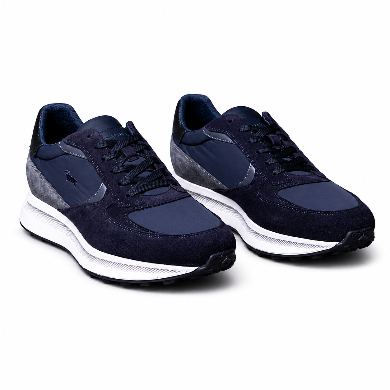 Harmont & Blaine men's navy sneakers with suede-look overlays, lightweight textile upper, lace-up closure, cushioned white sole, and signature dachshund logo.