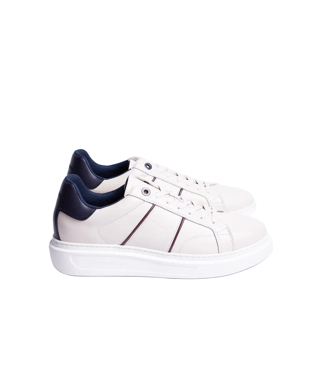 Harmont & Blaine men's off white suede  sneakers with lace-up closure, contrast side piping, signature dachshund logo, and lightweight white rubber sole.