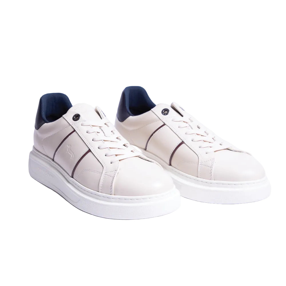 Harmont & Blaine men's off white suede  sneakers with lace-up closure, contrast side piping, signature dachshund logo, and lightweight white rubber sole.