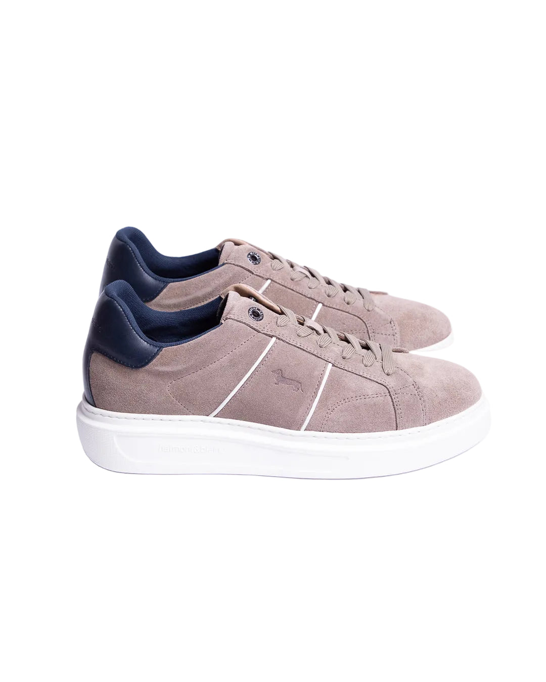 Harmont & Blaine men's light brown  taupe suede sneakers with lace-up closure, contrast side piping, signature dachshund logo, and lightweight white rubber sole.