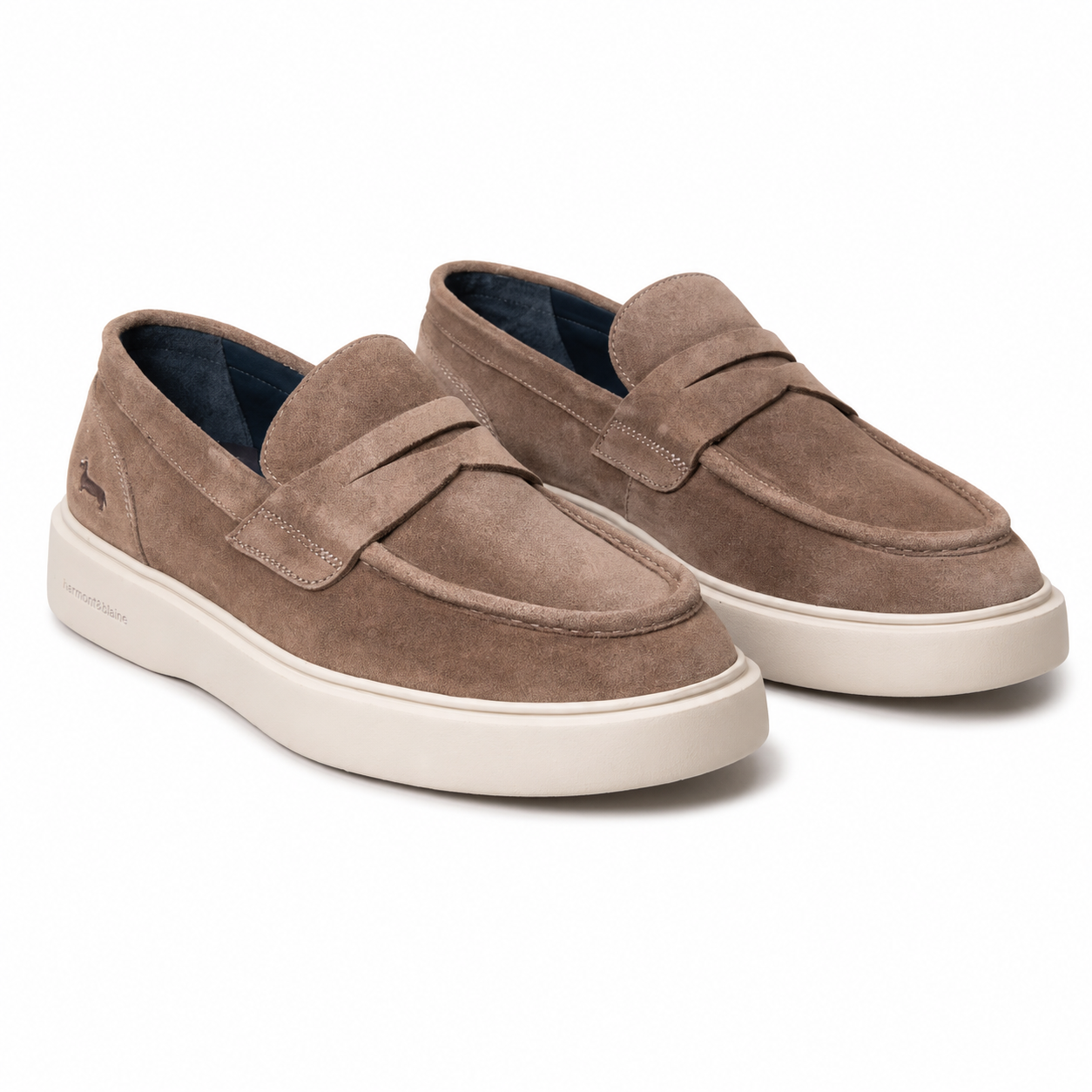 Harmont & Blaine men's taupe suede penny loafers with slip-on design, lightweight white rubber sole, and signature dachshund logo.
