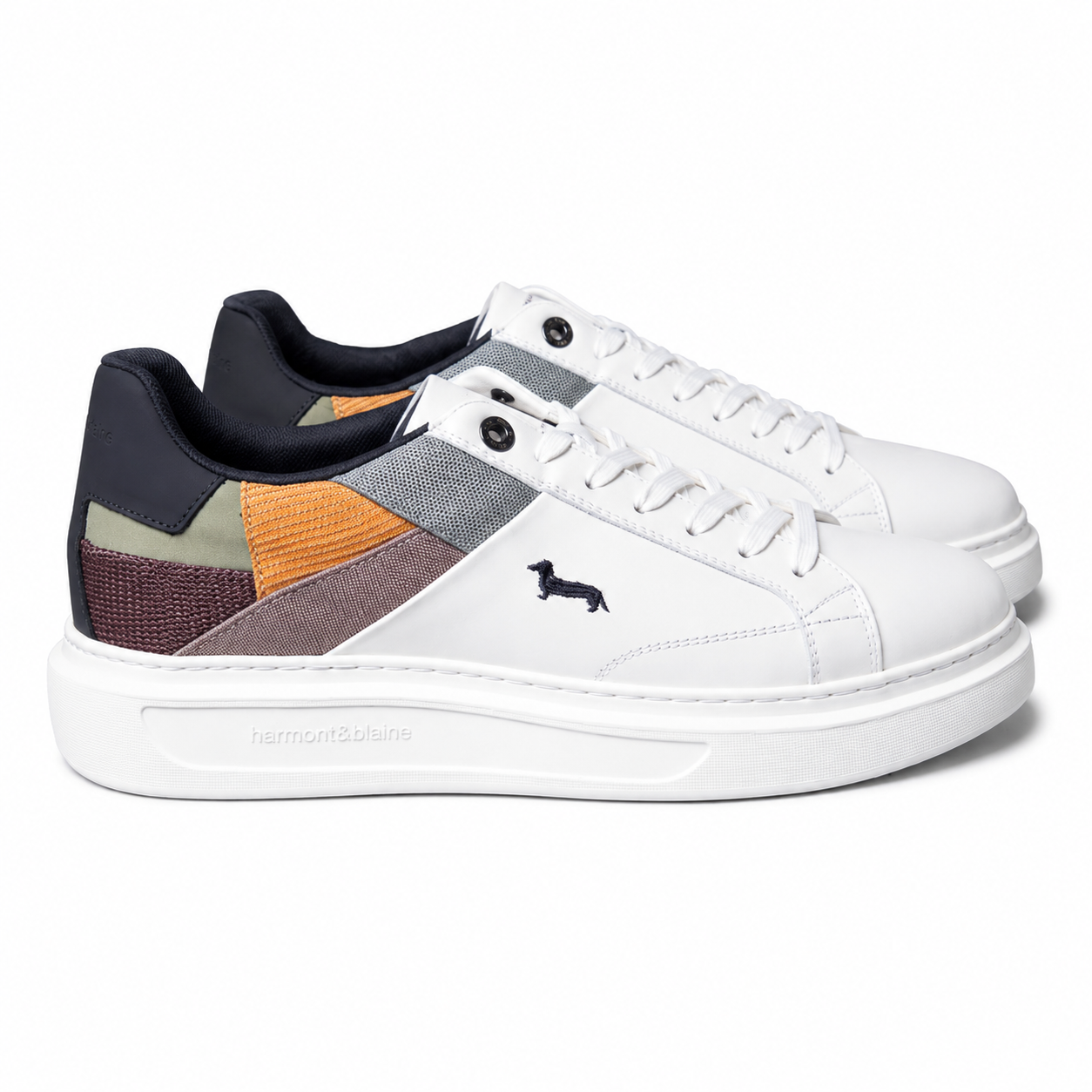 Harmont & Blaine men's white sneakers with multicolor textured heel panels, embroidered dachshund logo, lace-up closure, and cushioned rubber sole.