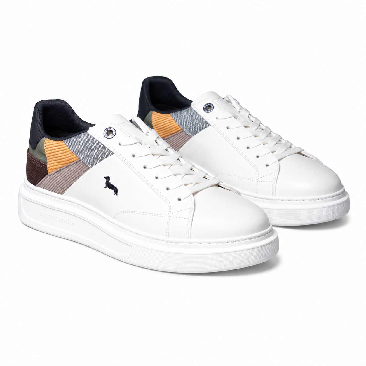 Harmont & Blaine men's white sneakers with multicolor textured heel panels, embroidered dachshund logo, lace-up closure, and cushioned rubber sole.
