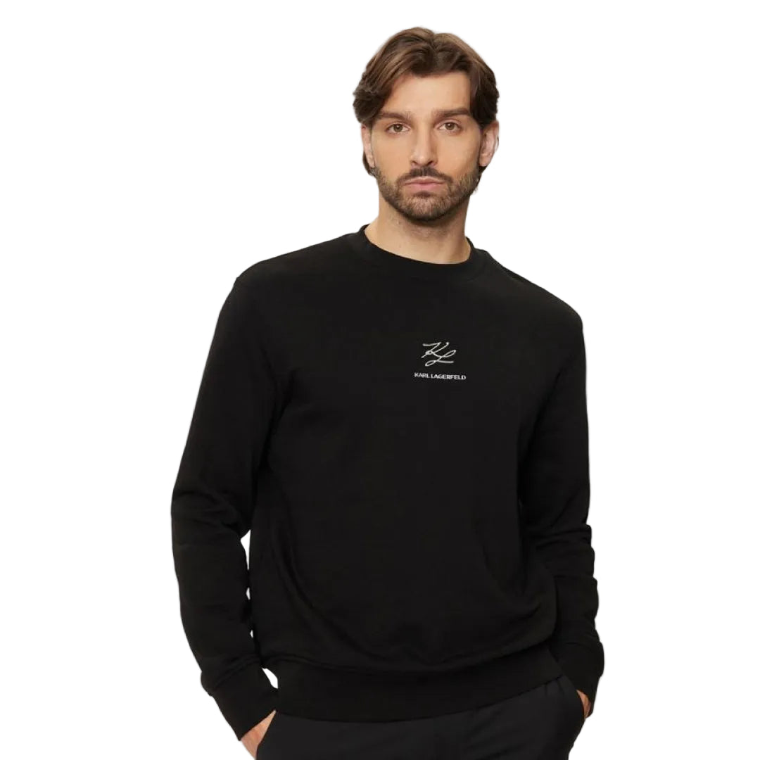 Karl Lagerfeld men's black crew neck sweater regular fit with embroidered chest logo, long sleeves, premium knit fabric, designer casual fashion.