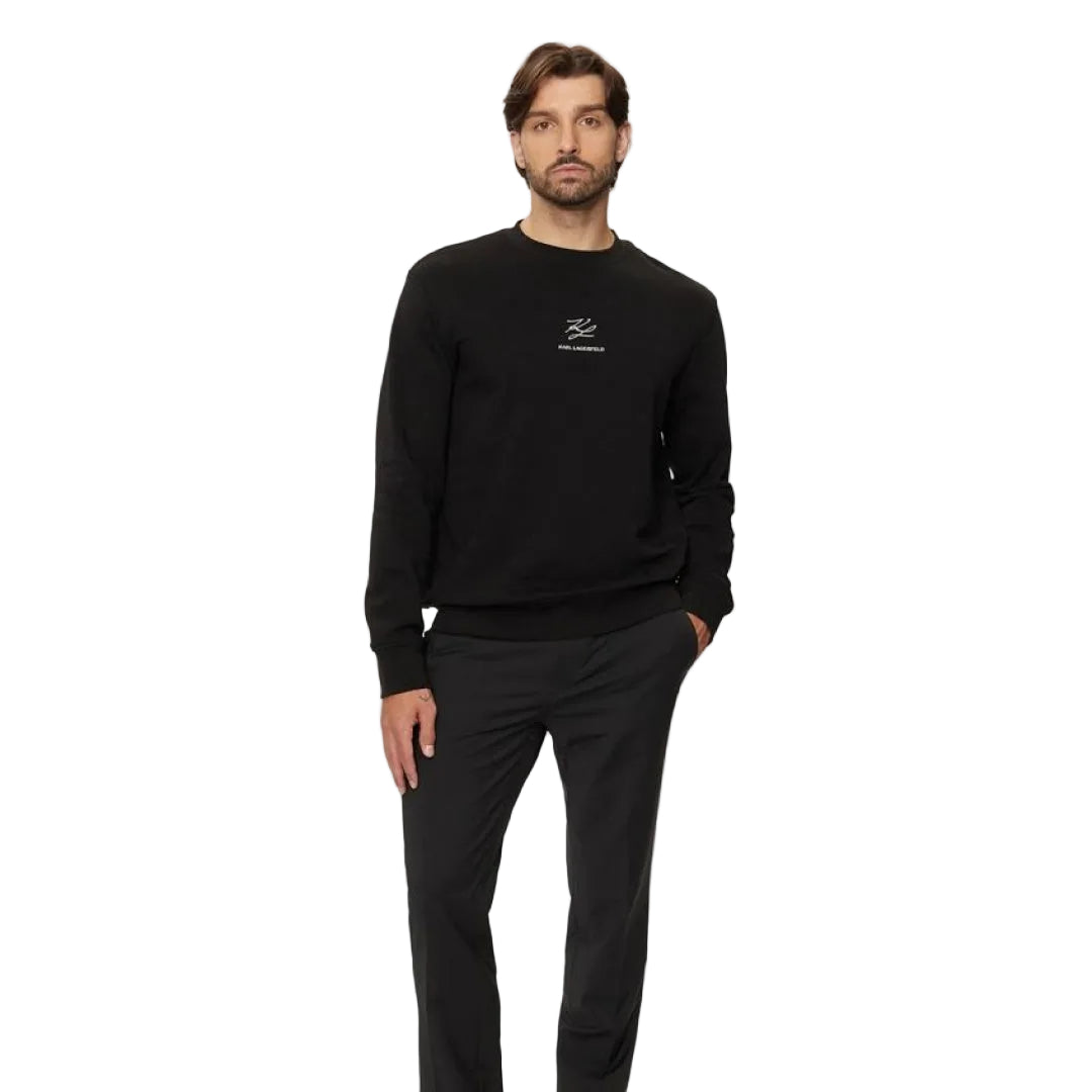 Karl Lagerfeld men's black crew neck sweater regular fit with embroidered chest logo, long sleeves, premium knit fabric, designer casual fashion.