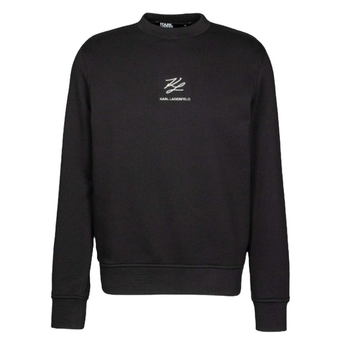 Karl Lagerfeld men's black crew neck sweater regular fit with embroidered chest logo, long sleeves, premium knit fabric, designer casual fashion.