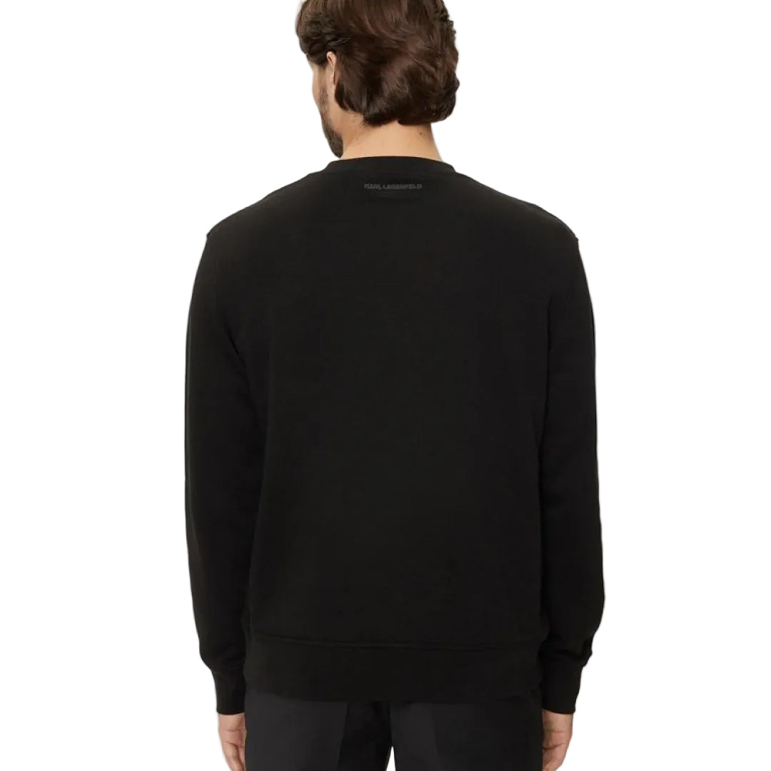 Karl Lagerfeld men's black crew neck sweater regular fit with embroidered chest logo, long sleeves, premium knit fabric, designer casual fashion.