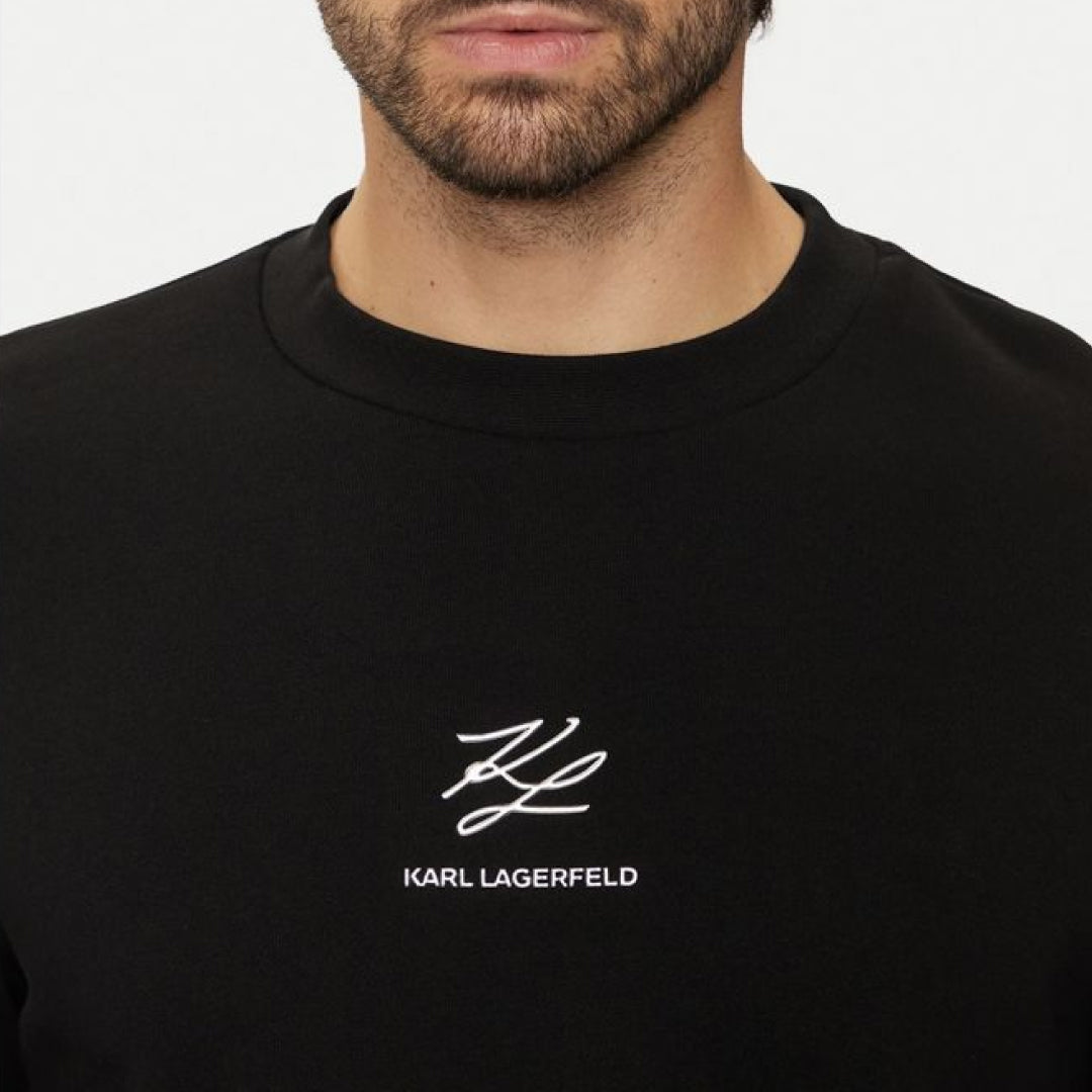 Karl Lagerfeld men's black crew neck sweater regular fit with embroidered chest logo, long sleeves, premium knit fabric, designer casual fashion.