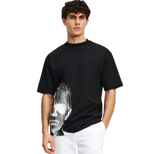 Karl Lagerfeld men's Black regular fit short sleeve T-shirt featuring a bold black graphic print and classic crew neck design.