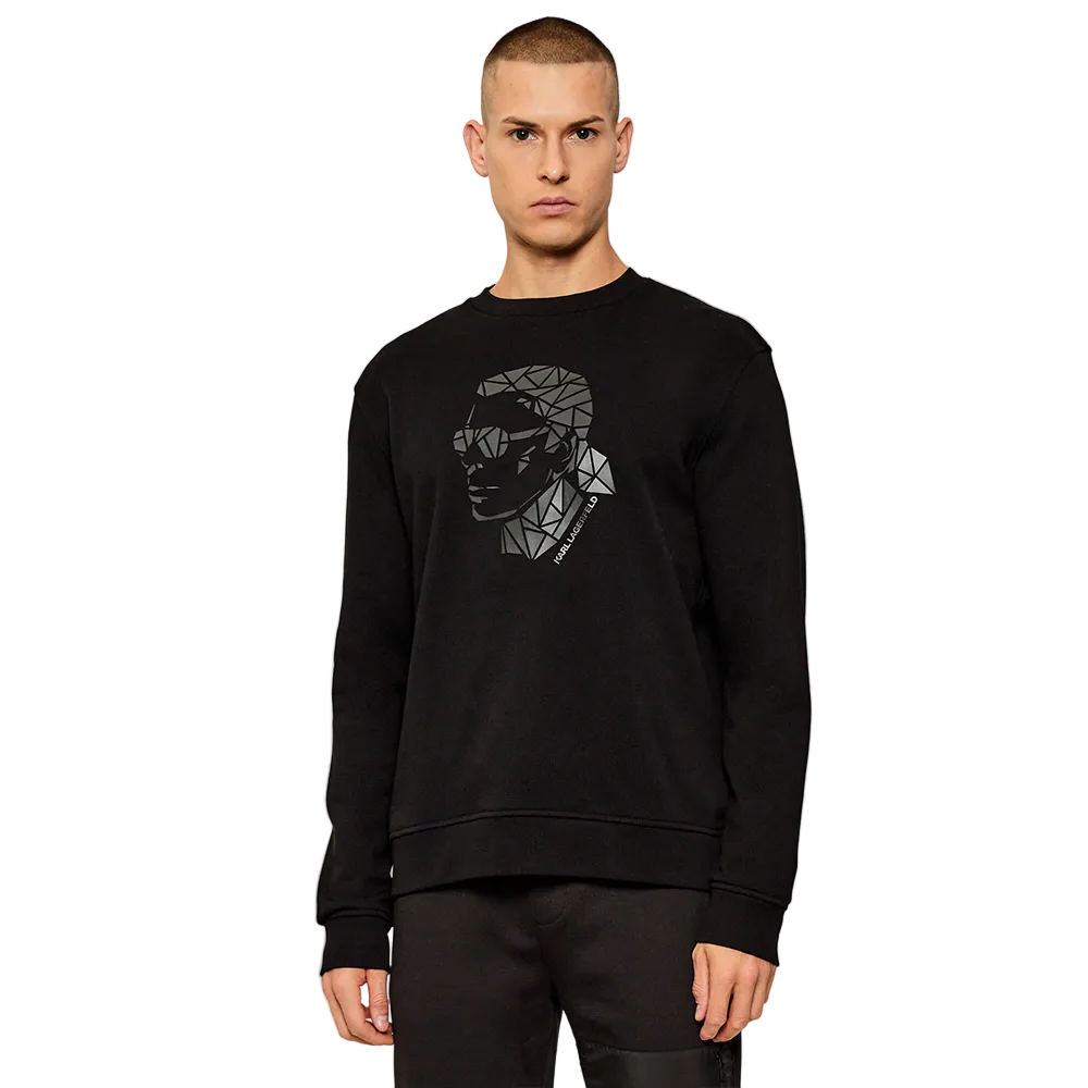 Karl Lagerfeld men's black regular fit sweatshirt featuring a geometric Karl Lagerfeld graphic, crew neck, and premium cotton-blend fabric.