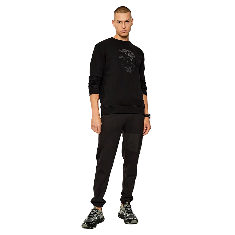 Karl Lagerfeld men's black regular fit sweatshirt featuring a geometric Karl Lagerfeld graphic, crew neck, and premium cotton-blend fabric.
