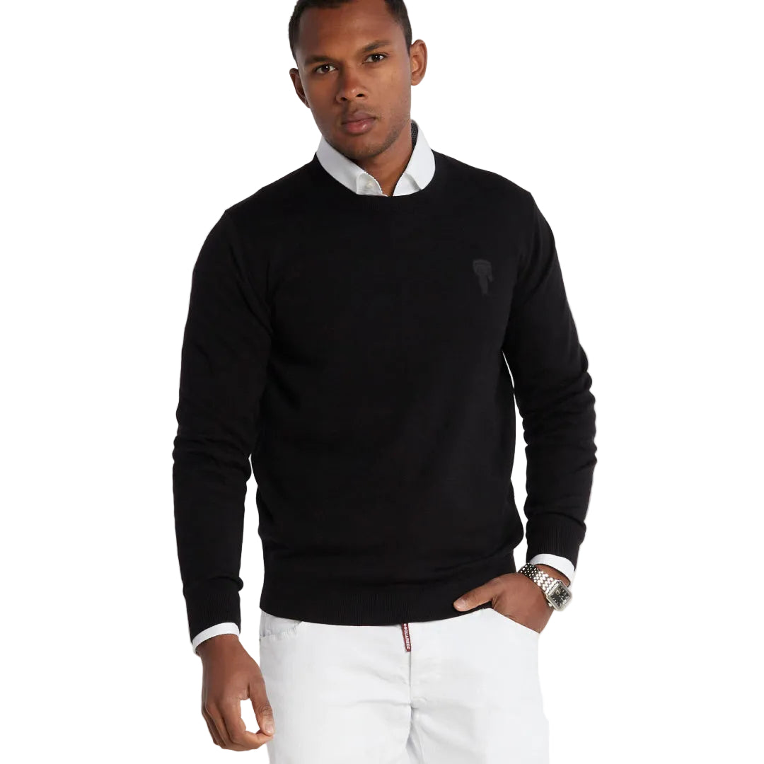 Karl Lagerfeld men's black knit crewneck sweater in regular fit with tonal chest logo and premium soft knit fabric.