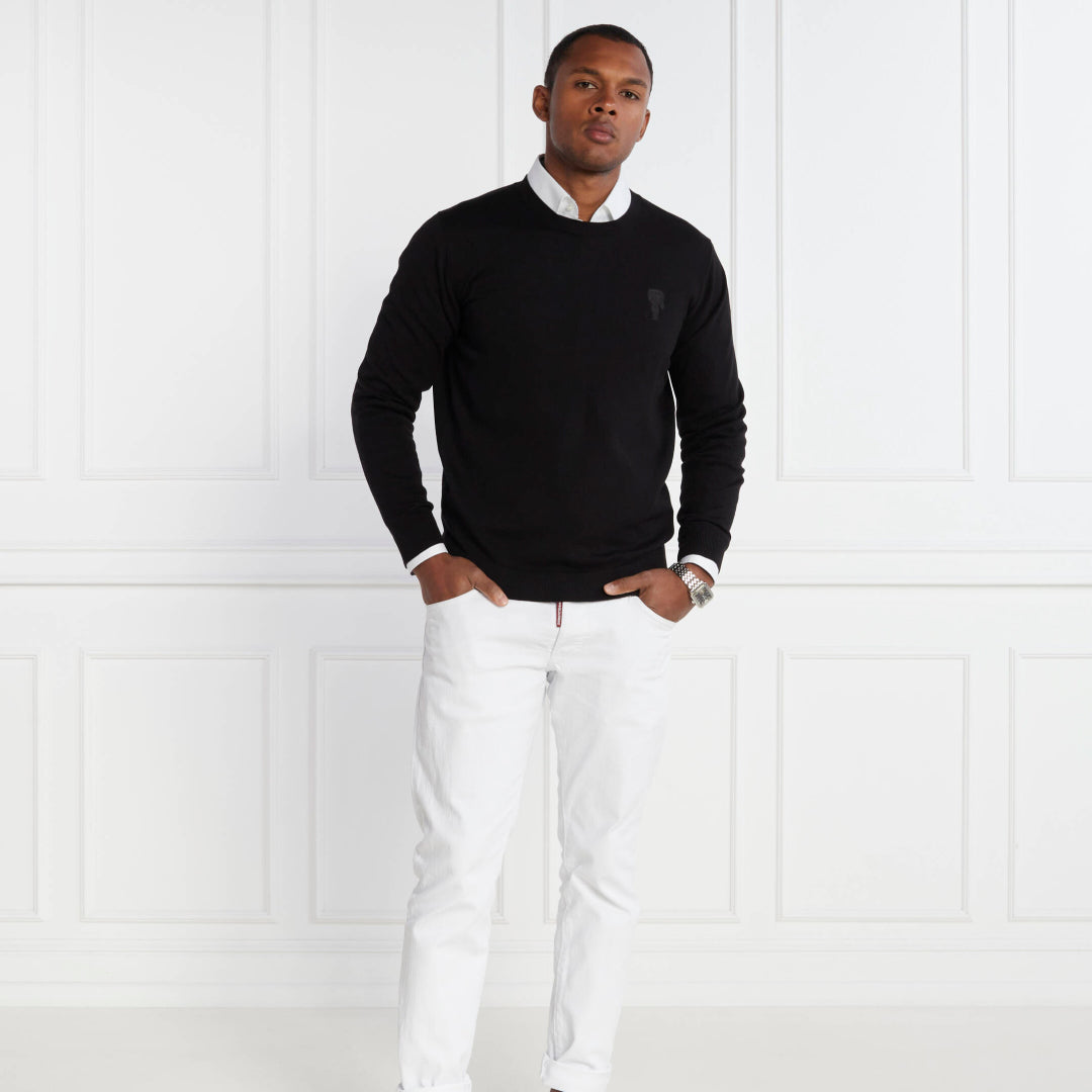 Karl Lagerfeld men's black knit crewneck sweater in regular fit with tonal chest logo and premium soft knit fabric.