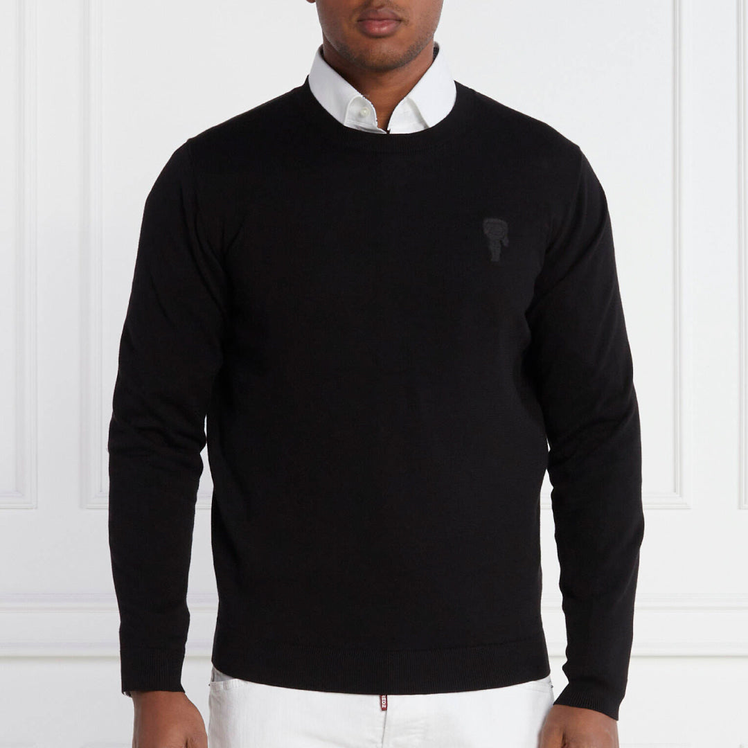 Karl Lagerfeld men's black knit crewneck sweater in regular fit with tonal chest logo and premium soft knit fabric.