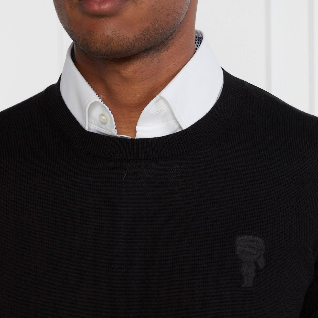 Karl Lagerfeld men's black knit crewneck sweater in regular fit with tonal chest logo and premium soft knit fabric.