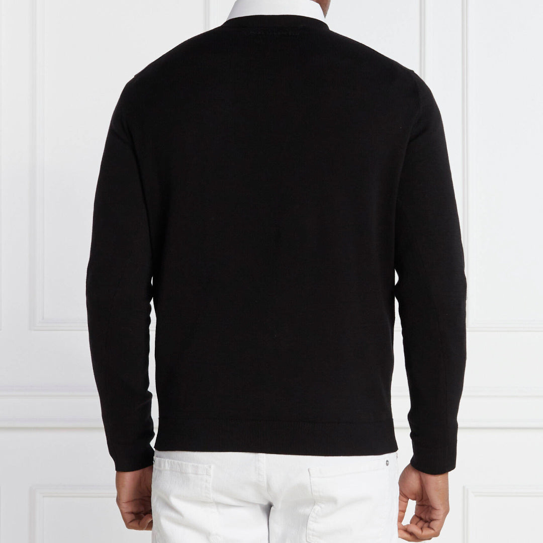 Karl Lagerfeld men's black knit crewneck sweater in regular fit with tonal chest logo and premium soft knit fabric.