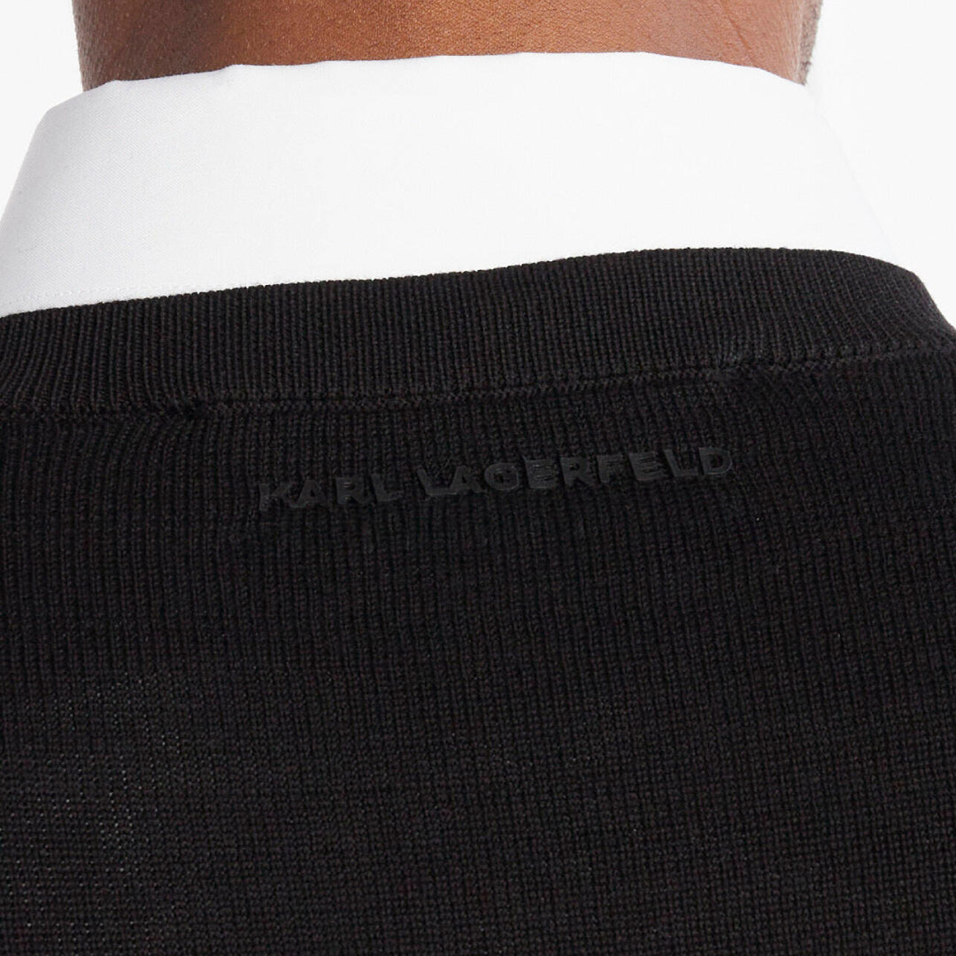 Karl Lagerfeld men's black knit crewneck sweater in regular fit with tonal chest logo and premium soft knit fabric.