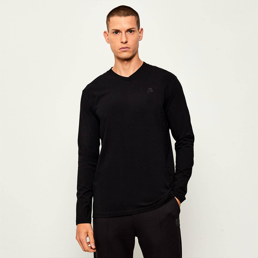 Man wearing Karl Lagerfeld black longsleeve V-neck shirt with embroidered logo, paired with black joggers, Kayagan online