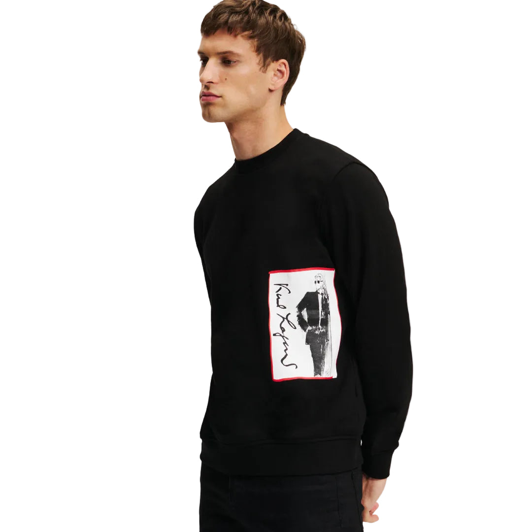 Karl Lagerfeld men's black archive graphic sweatshirt with crew neck and signature Karl Lagerfeld artwork